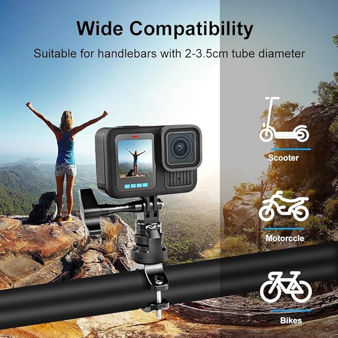 PULUZ 360 Degree Rotation Motorcycle Bicycle Rack Mount Holder, Aluminum Handlebar Mount Compatible with GoPro Hero 13/12/11/10/9/8/Max, DJI Osmo Action 5Pro/4/3, Insta 360 X5/X4/X3/Ace Pro 2/Pro/Ace
