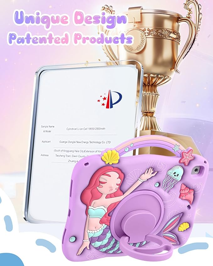 Boaretiu for iPad 6th/5th Generation Case - Pro 9.7 Inch Cute Cartoon Mermaids Girls Teens Soft 3D Silicone for iPad Air 2/Air 1 Tablet Cover with Strap & Rotating Stand