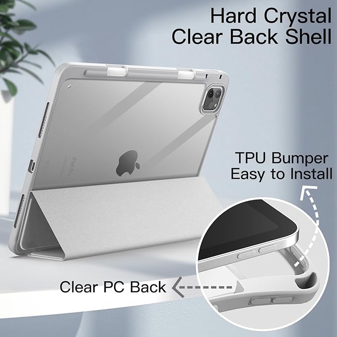 JETech Case ONLY for iPad Pro 11 Inch (2022/2021/2020/2018) with Pencil Holder, Clear Transparent Back Shell Slim Stand Shockproof Tablet Cover, Auto Wake/Sleep (Silver)