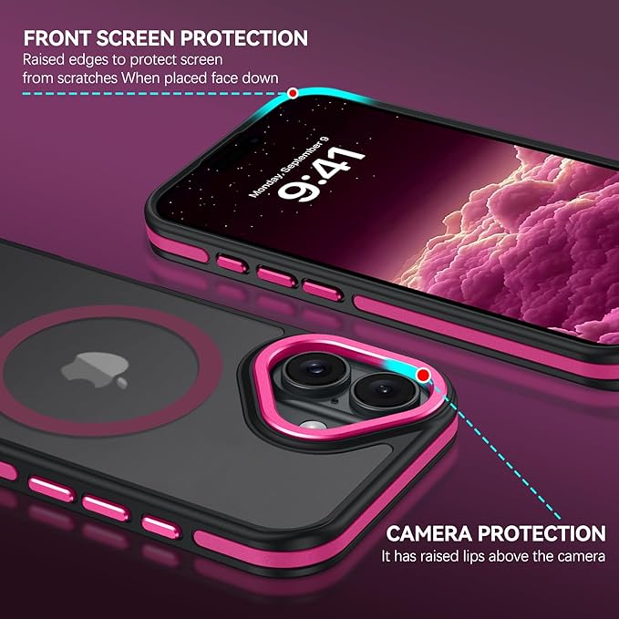 BENTOBEN Magnetic for iPhone 17 Case 2025 [Compatible with Magsafe] [Military-Grade Protection] Matte Women Men Anti-Slip Shockproof Bumper Phone Cases for iPhone 17 6.3", Hot Pink/Black