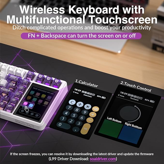 Aula L99 Wireless Mechanical Keyboard with Smart Touch Screen,Tri-Mode Hot Swappable Custom Gaming Keyboard,RGB Backlit,PBT Keycap,Gasket Mount Creamy Sounding Computer Keyboards for Office PC,84 Keys
