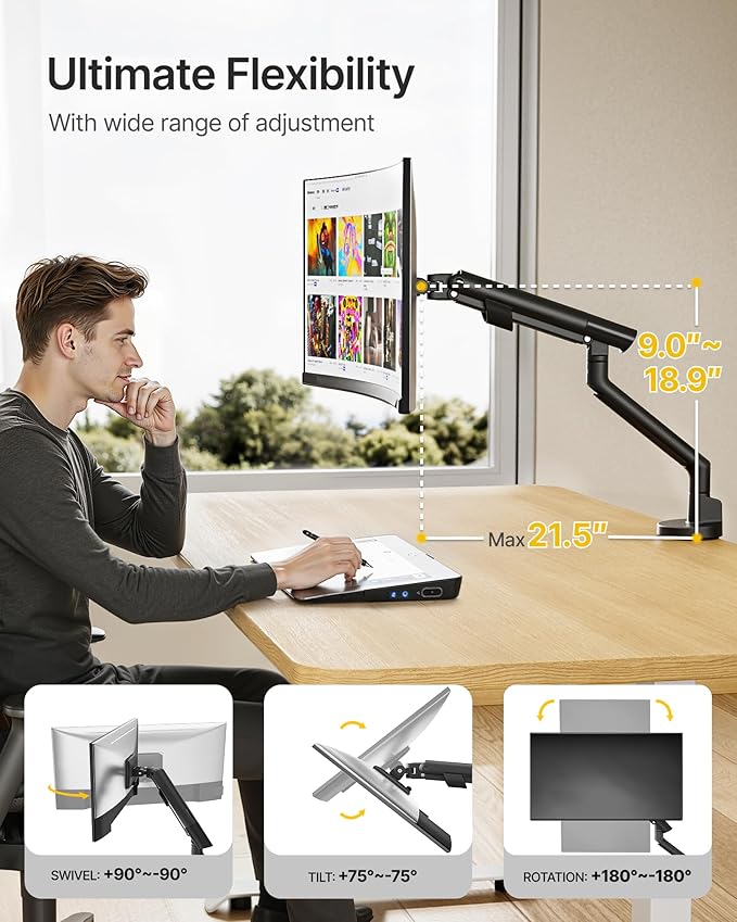 monTEK Single Monitor Arm for 17-40 Inch Screens, Heavy Duty Full Motion Monitor Mount Up to 26.4 lbs, Aluminum Monitor Stand with VESA 75/100mm, C-Clamp/Grommet Base for Curved Screens, Black