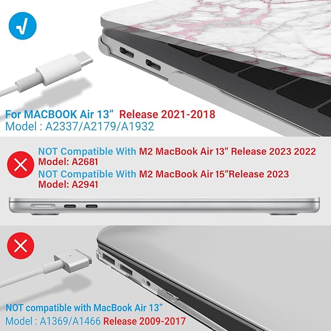 IBENZER Compatible with New MacBook Air 13 inch Case 2022 2021 2020 M1 A2337 A2179 A1932, Plastic Hard Shell Case with Keyboard Cover for Mac Retina Display with Touch ID, Pink Marble, MAT13-PKMB+1