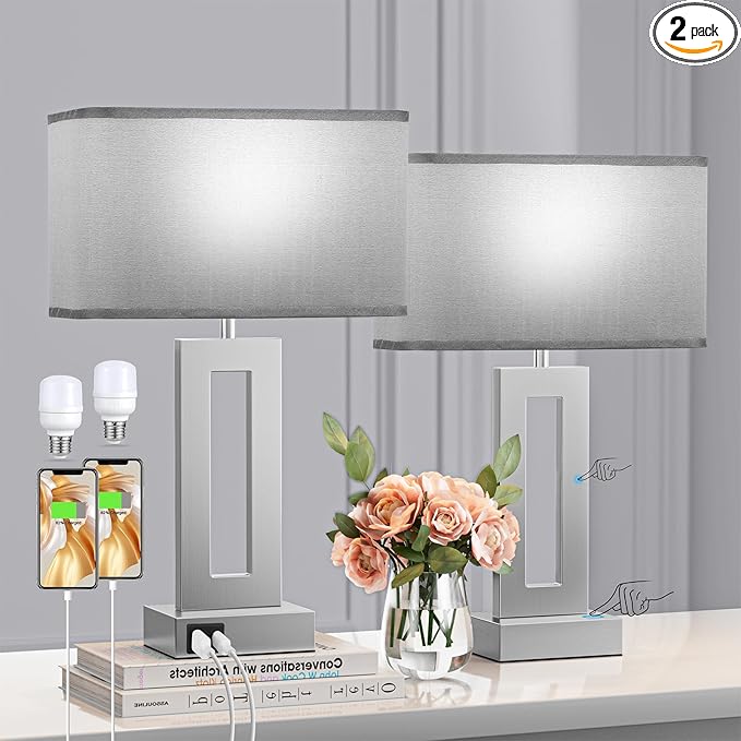 Seealle Bedroom Table Lamps Set of 2 - Grey Touch Bedside Lamps with USB C+A, 3 Way Dimmable Gold Lamp for Nightstand, Modern Night Stands Lamps for Living Room End Tables