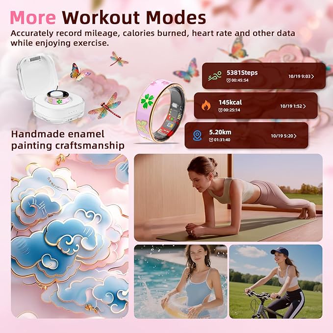 Enamel Craft Smart Ring for Women & Men No Subscription Fee Fitness Tracker with Sleep Tracking, Heart Rate, SpO2 - IP68 Waterproof for iOS Android - Activity Tracker, Remote Camera (Pink, 10)