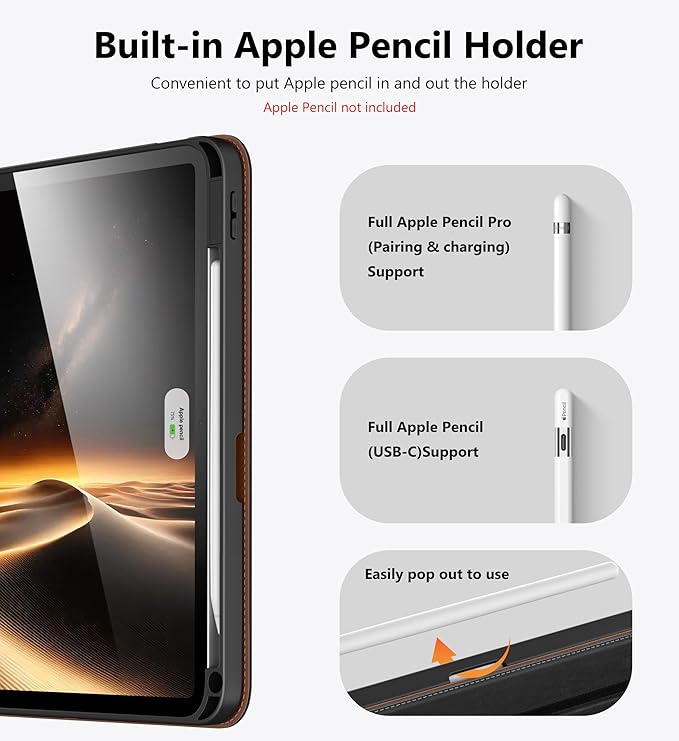 DTTO for iPad Air 11 inch Case M4 / M3 / M2 (2026/2025/2024), iPad Air 5th / 4th Gen (2022/2020), 360 Degree Rotating Premium Leather Folio Stand Cover with Pencil Holder, New Black Brown