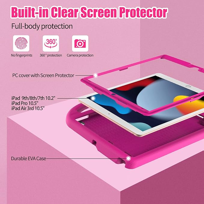 Kids Case for iPad 10.2 & 10.5, iPad 9th/8th/7th Generation 10.2" 2021 2020 2019 Case with Screen Protector, iPad Air 3rd Gen/Pro 10.5 inch Protective Cover with Handle Stand, Pink