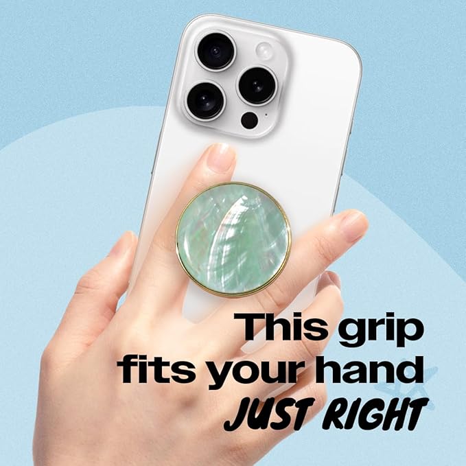 On The Grip Universal Phone Grip & Stand, Genuine Natural Gemstone/Seashell, Strong Adhesive Finger Holder, Collapsible Socket for iPhone, Samsung Galaxy, Kindle and Tablets (Aqua Blue)