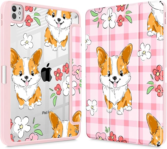 May Chen for iPad Pro 13 Inch Case M5 2025 / M4 2024, Built Pencil Holder & Clear Transparent Print Back Shell Slim Stand Shockproof Tablet Cover, Auto Wake/Sleep, Corgi Dog Stripes