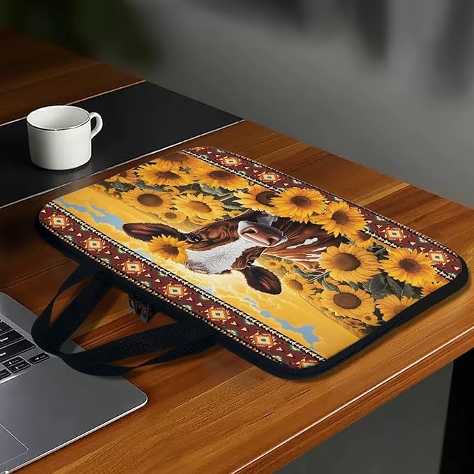17 Inch Laptop Sleeve, Laptop Cover Computer Bag Tablet Carrying Case with Handle, Tribal Sunflower Cow Water-Repellent Tote Bags Notebook Sleeves Handbag Messenger Briefcase