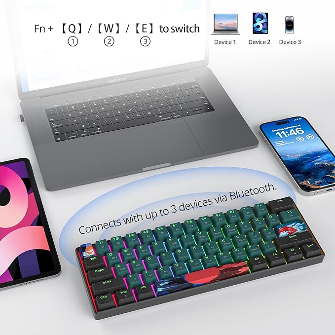 surmen GT61 Wireless 60% Keyboard, Mini RGB Mechanical Gaming Keyboard 60 Percent Hot-Swappable with Linear Gateron Switch Type-C/Bluetooth 5.0 Programmable (Gateron Yellow, Sound Wave 61)