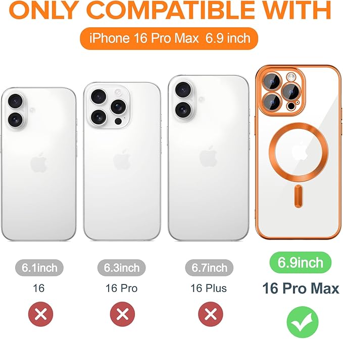 Hython Magnetic Clear for iPhone 16 Pro Max Case with Camera Lens Protector [Compatible with MagSafe] Plating Edge Slim Soft TPU Cover Protective Phone Case for iPhone 16 Pro Max 6.9", Matte Orange
