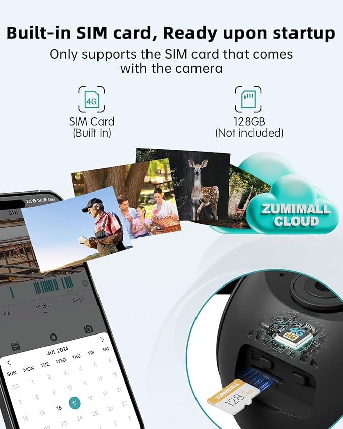 ZUMIMALL 4G LTE Cellular Security Cameras Wireless Outdoor, 2K No WiFi Cameras for Home Security with 360° View, Color Night Vision, 2-Way Talk, AI Detection, Built in SIM Card, Black