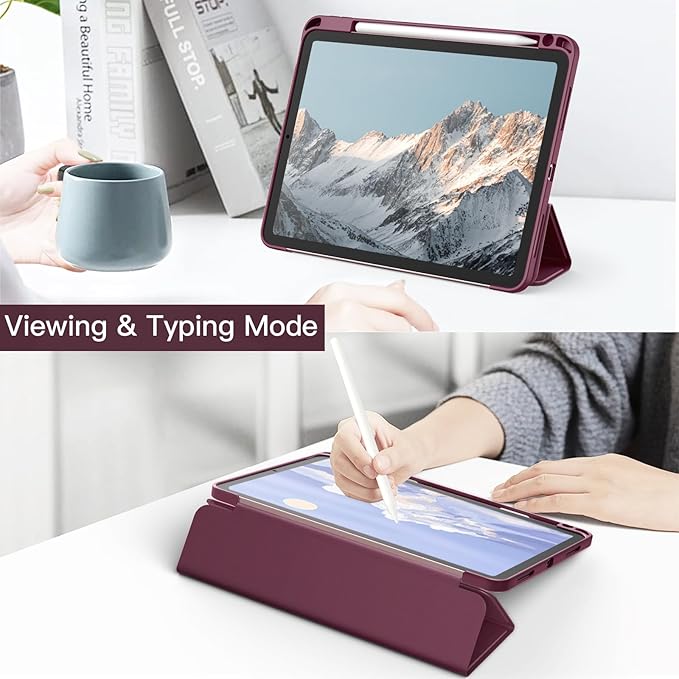 JETech Case ONLY for iPad Air 11-Inch M4/M3/M2 (2026/2025/2024), iPad Air 5/4 (2022/2020 5th/4th) with Pencil Holder, Clear Transparent Back Slim Stand Shockproof Tablet Cover (Wine)