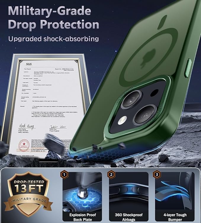 Newfuture Designed for iPhone 13 Case & iPhone 14 Case with Magnetic [13 FT Military Drop Protection] [Compatible with Magsafe] Slim Translucent Shockproof with Anti-Fingerprint Phone Case, Dark Green