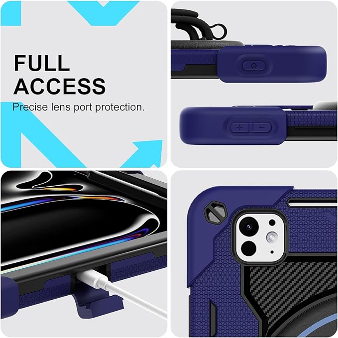iPad Pro 11 Inch Case M5 2025/M4 2024, Heavy Duty Shockproof Protective Case with Screen Protector, 360° Rotating Stand Hand Strap Shoulder Strap Kids Cover Apple Pencil Holder