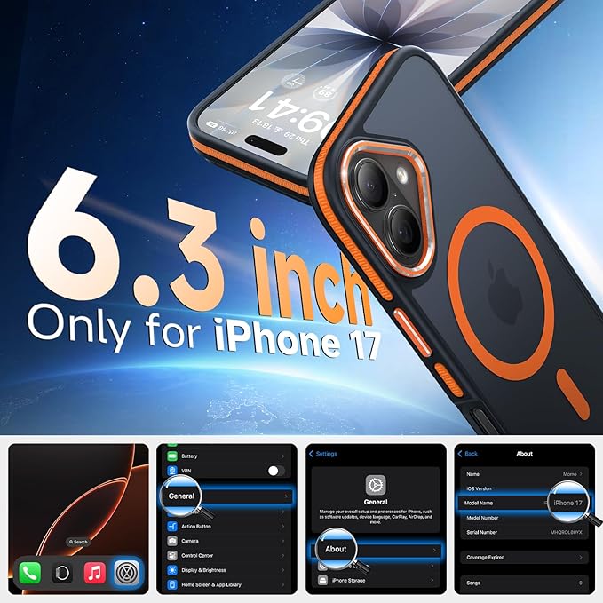 Magnetic 3 in 1 for iPhone 17 Case, [Omni-Directional Protection] with 1x Screen Protector + 1x Camera Cover, [Seamless Work with Magsafe] Translucent Protective Silm Phone Case for iPhone 17 Orange