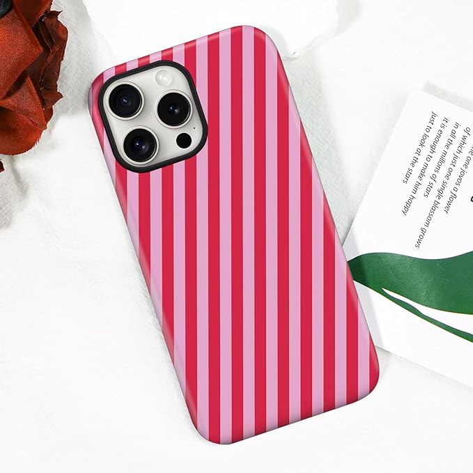 Magnetic for iPhone 15 Case Cute Diagonal Stripes Phone Case, Shockproof Slim TPU and Hard PC Protective Phone Cover Compatible with MagSafe Designed for Women Girls,Red