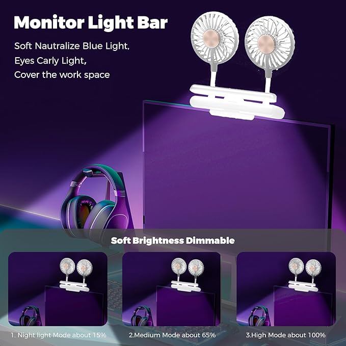 Reading Stand Lamp Space-Saving Clip Fan Light, USB-Powered Cooling 3D Fan with LED Light Bar, Personal Climate Management for Monitor/Laptop/Flat/Bedside/Bookshelf/Music Stand (Glacier Silver)