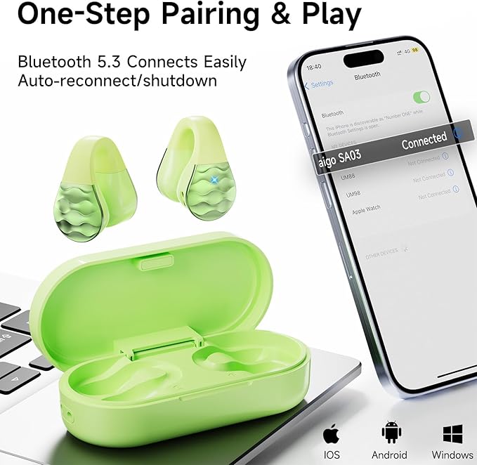 aigo Open Ear Earbuds, Wireless Bluetooth Earphone, Clip on Headphones, Over The Ear Earbuds for Fitness Running Gym Workouts, Built-in Mic, Wireless Charging, Volt Yellow Headset