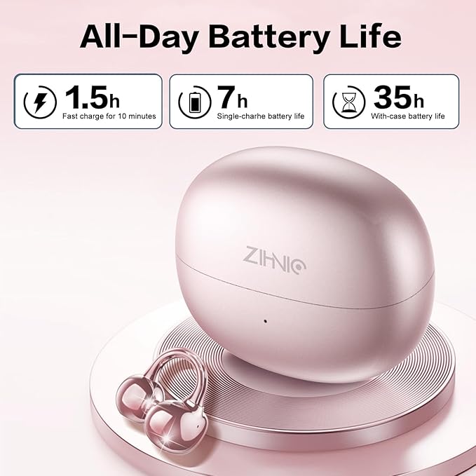 ZIHNIC S26 Wireless Clip on Earbuds, Open Ear Wireless Bluetooth 5.4 Headphones with Mic, IPX5 Waterproof, 35Hr Play time, Light Weight -Rose-Gold