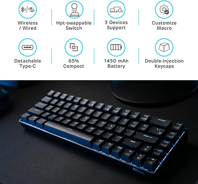 RK ROYAL KLUDGE RK68 Wireless Hot Swappable 65% Mechanical Keyboard, 68 Keys Compact BT5.0 Gaming Keyboard with Stand-Alone Arrow/Control Keys, Black, Quiet Red Switch