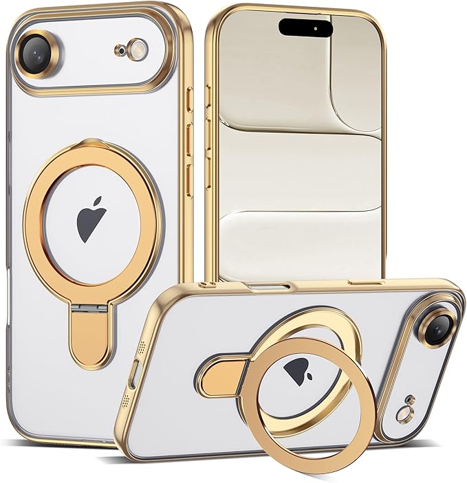 Compatible with iPhone 17 Air Case with Invisible Magnetic Ring Stand [Compatible with Mag-Safe] [Full Camera Lens Protector] Plating Clear Phone Case for iPhone 17 Air 6.5", Gold