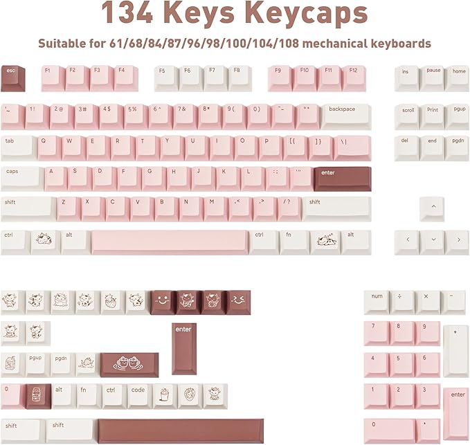 Milk Strawberry Cute Pink Keycaps - 134 Keys PBT Dye-Sublimation Keycaps, Cherry Profile - Kawaii Cow & Milk Cartoon Illustrations, Compatible with 60% 65% 75% 80% 100% Mechanical Keyboards