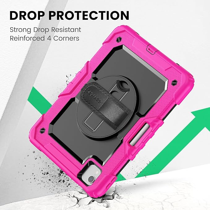 SEYMAC Case for iPad Air 5th/ 4th Generation 10.9 Inch, Full-Body Shockproof Protective Case with Screen Protector, Rotating Stand/Handle/Shoulder Strap for iPad Air 5/ Air 4, Black/Pink