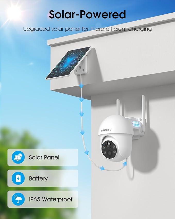 ARCCTV Solar Security Cameras Wireless Outdoor, 4MP 360° View Battery Powered Outdoor Camera, Night Vision with Spotlight, 2-Way Audio, PIR Motion Sensor, 2.4G/5G Dual Band WiFi (2 Pack)