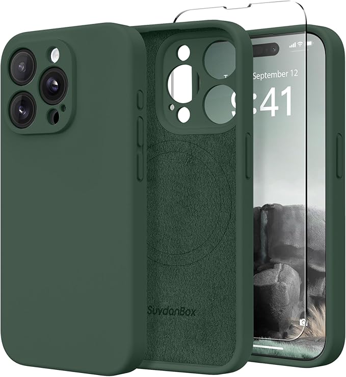 Magnetic for iPhone 14 Pro Case, Compatible with MagSafe, [Full Camera Protection][Screen Protector] Silicone Shockproof Protective Phone Case for iPhone 14 Pro 6.1", Alpine Green