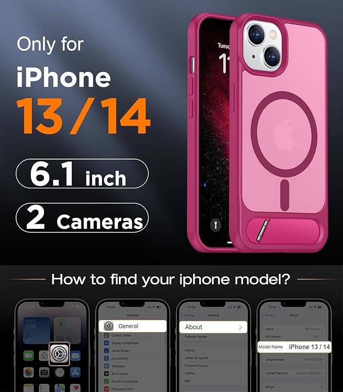 Magnetic Compatible with iPhone 14 Case/iPhone 13 Case,[Built-in Invisible Kickstand][Compatible with MagSafe][Military Grade Shockproof] Slim Translucent Matte Phone Case for iPhone 14/13 6.1"