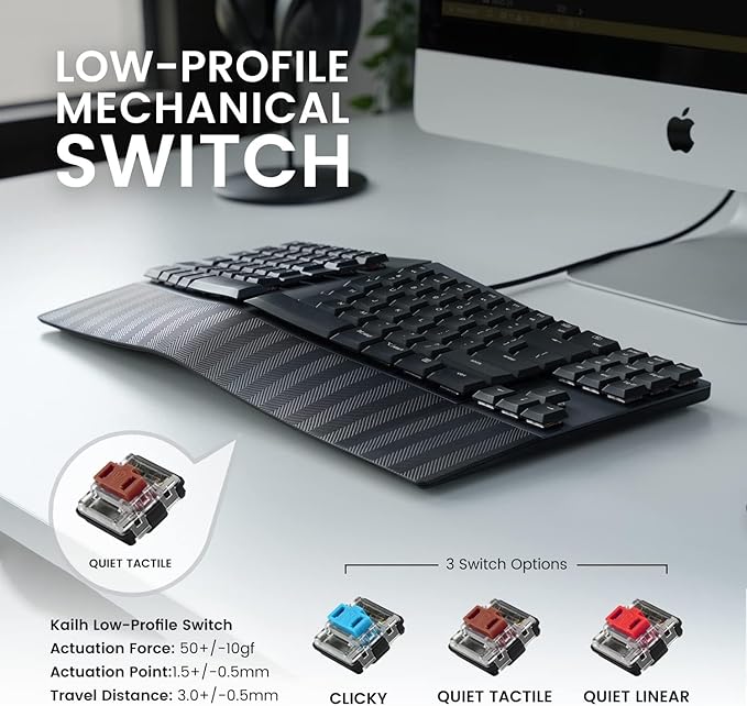 Perixx PERIBOARD-335BR Wired Ergonomic Mechanical Compact Keyboard - Low-Profile Brown Tactile Switches - Programmable Feature with Macro Keys - Compatible with Windows and Mac OS X - US English