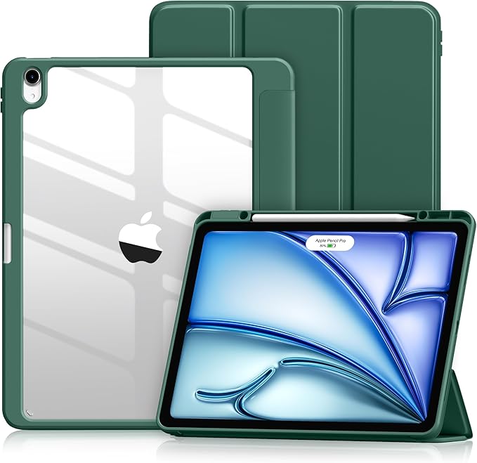 Wenlaty for iPad Air 13 Inch Case M4/M3/M2 (2026/2025/2024) with Pencil Holder, Slim Trifold Stand Protective Cover for iPad Air 13 Case with Clear Transparent Back, Auto Wake/Sleep -Pine Green