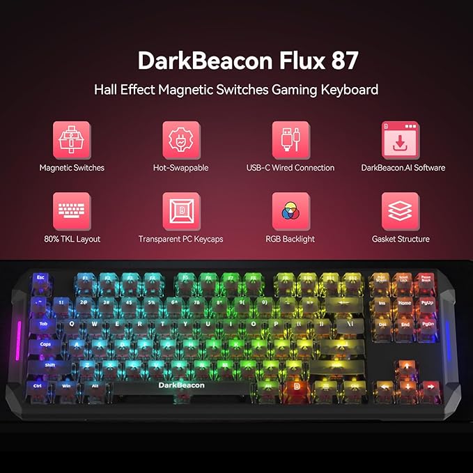 DarkBeacon Flux87 HE Mechanical Gaming Keyboard Wired, Hall Effect Magnetic Red Switch, 0.01mm Rapid Trigger, Adjustable Actuation, RS/SOCD/DKS/MT, 8000Hz Polling, Hot Swappable, RGB Backlit for PC