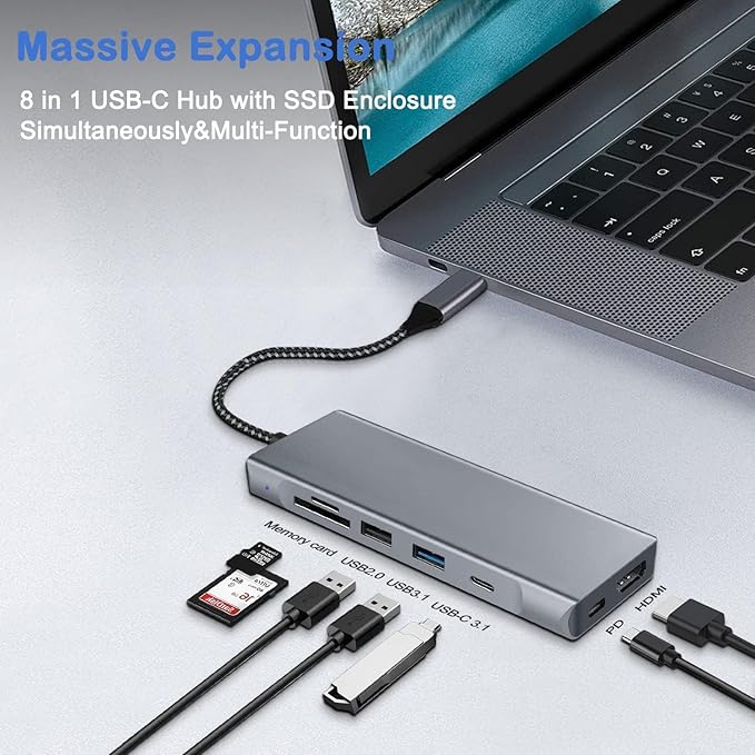 8-in-1 USB C Hub with M.2 NVMe SSD Enclosure, 4K HDMI, 100W PD, 10Gbps USB-C, USB3.1, SD/TF Card Reader for XPS, Dell, MacBook Pro, iPad Pro Upgraded