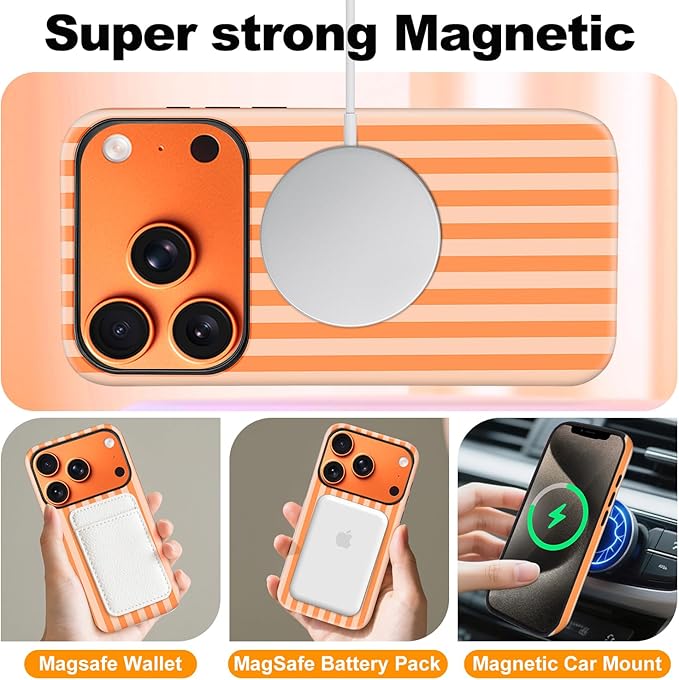 Magnetic for iPhone 17 Pro Case Cute Stripes Phone Case, Shockproof Slim TPU and Hard PC Protective Phone Cover Compatible with MagSafe Designed for Women Girls, Orange