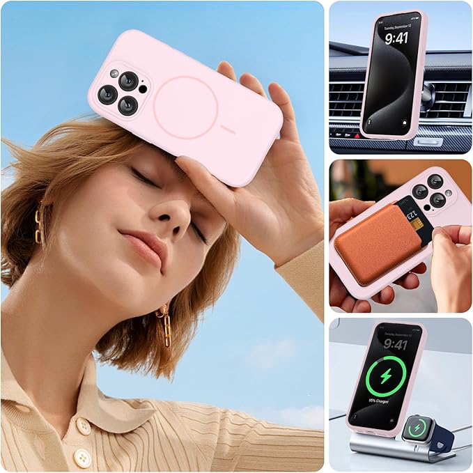 Miracase Magnetic for iPhone 15 Pro Case, [Soft Anti-Scratch Microfiber Lining], Magnetic for MagSafe, Liquid Silicone Shockproof Drop Protection Phone Case for 15 Pro, Sand Pink