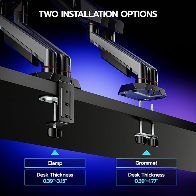 ARES WING Heavy Duty Dual Monitor Arm, Fully Adjustable Monitor Mount for 17-35 Inch Flat Curved Ultrawide Screens Up to 26.5lbs with USB A/C, C-Clamp & Grommet Base, 75/100 Vesa Mount, Black