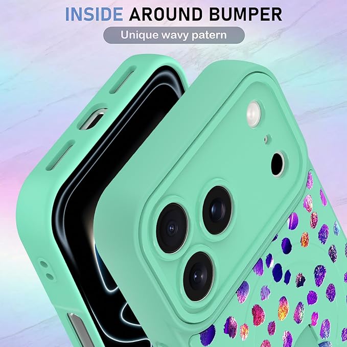 KANGHAR Compatible with iPhone 17 Pro Case, Support for MagSafe, Silicone Cute Iridescent Pattern Leopard Print Cheetah, Wristband Kickstand Shockproof Soft Slim Cover for Girls Women, Green