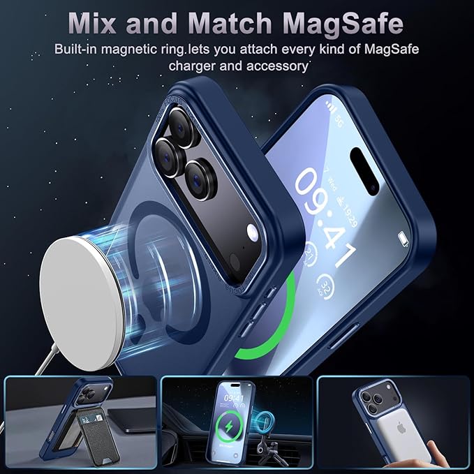 Newfuture Strong Magnetic Compatible with iPhone 17 Pro Case [13 FT Military Drop Protection] [Compatible with Magsafe] Slim Translucent Matte Shockproof with Anti-Fingerprint Phone Case, Navy Blue