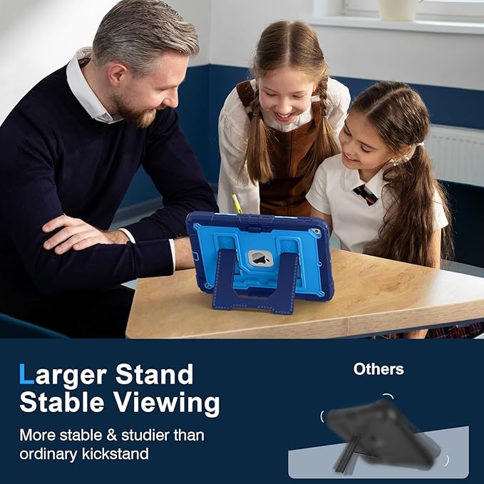 Kids Friendly Case for Apple iPad 10.2" 9th 8th 7th Generation 2021/2020/2019 Case with Pencil Holder & Shoulder Strap, Military Grade Shockproof Kickstand Hard Shell Protective Cover,Blue