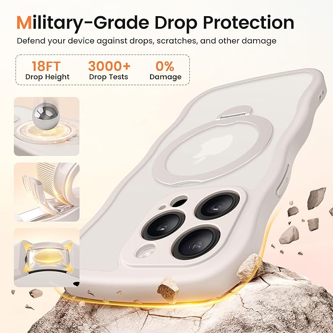CAPRARO for iPhone 15 Pro Case with 360° Spin Magnetic Stand for Women, [Compatible with MagSafe] [Full Camera Protection] Cute Wave Translucent Matte Case for iPhone 15 Pro, Stone