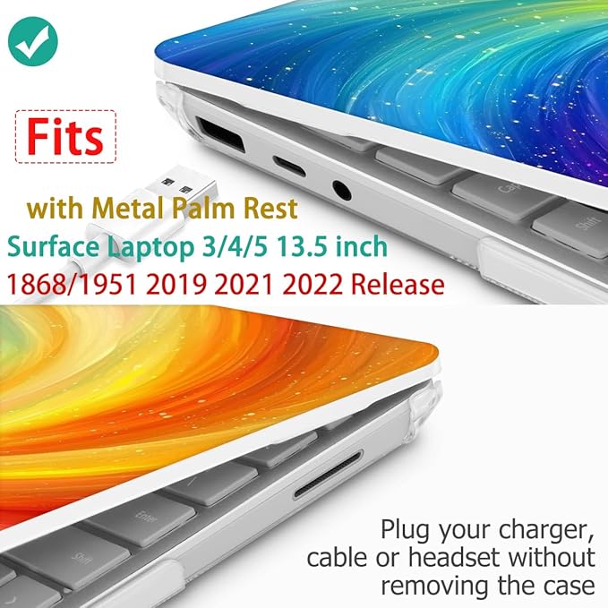 Case for 13.5" Microsoft Surface Laptop 5/4/3 with Metal Palm Rest ONLY 2019-2022 Release Models:1868/1951, Plastic Hard Shell Case with Keyboard Cover & Screen Protector, Swirling Rainbow