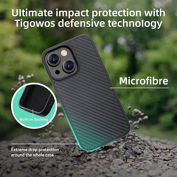 Tigowos Real Carbon Fiber for iPhone 15 Case, Fits magSafe Sturdy Protective Case for iPhone 15 Carbon Fiber Aramid Fiber with Military-Grade Drop Cover, Supports Wireless Charging, Black