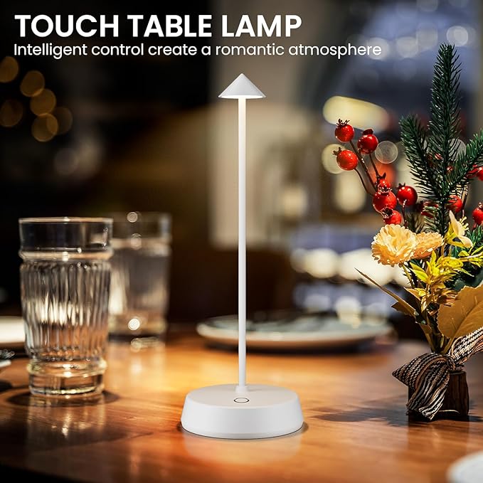 Rechargeable Cordless Small Table Lamp,6000mAh Battery Operated,LED Touch Dimmable Modern TableTop,Portable Outdoor Bedside Night Light for Restaurant/Dining/Bedroom/Living Room/Coffee(White-2pc)