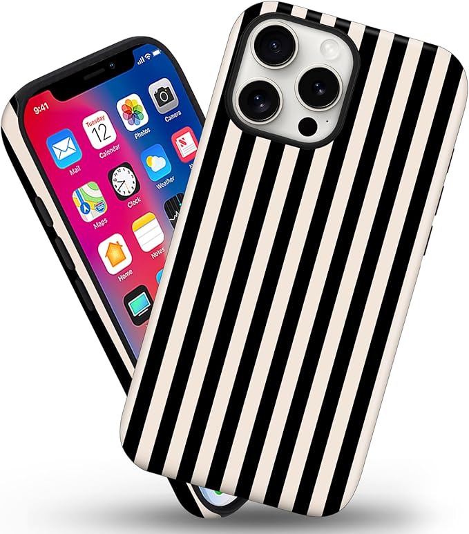 Magnetic for iPhone 15 Pro Case Cute Stripes Phone Case, Shockproof Slim TPU and Hard PC Protective Phone Cover Compatible with MagSafe Designed for Women Girls, Black and White
