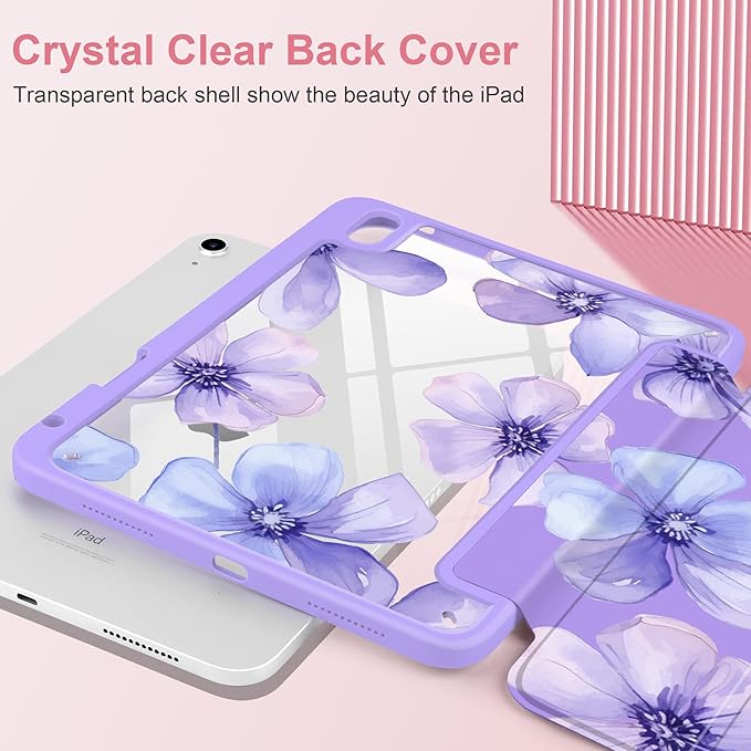 Case for iPad Air 11 inch M4 2026 M3 2025 M2 2024,iPad Air 5th (2022) / 4th (2020) 10.9 Inch Clear Back Shell Shockproof TPU Edge Trifold Stand Auto Wake Sleep Cute Cover, Blue Floral