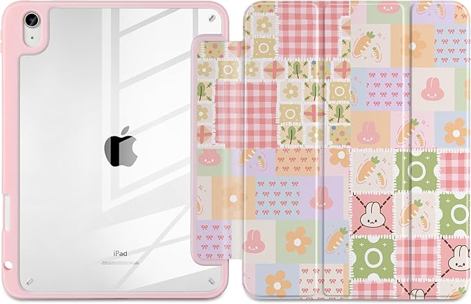 Case for iPad Air 11 inch M4 2026 M3 2025 M2 2024,iPad Air 5th (2022) / 4th (2020) 10.9 Inch Clear Back Shell Lightweight Shockproof TPU Trifold Stand Auto Wake Sleep Cute Cover, Cute Bunny