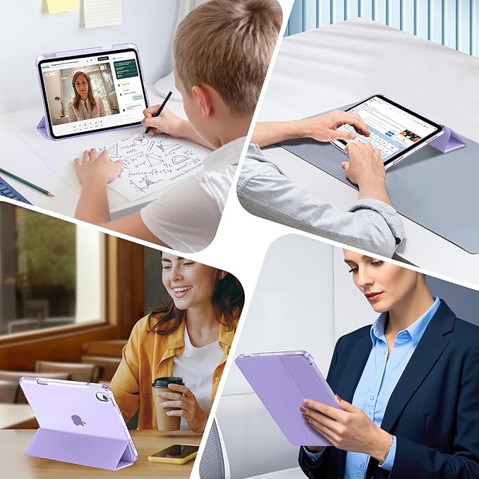 MoKo for iPad Air 11 inch Case (M4/M3/M2) 2026/2025/2024, iPad Air 5th/4th Gen 10.9 inch Case 2022/2020 with Pencil Holder, Slim Light Trifold Cover with Hard PC Translucent Back Shell, Lilac